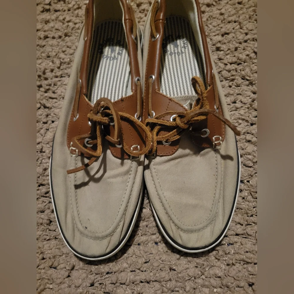 MENS RALPH LAUREN POLO RYLANDER BOAT CANVAS LEATHER UPPER SHOES KHAKI SZ 9.5D